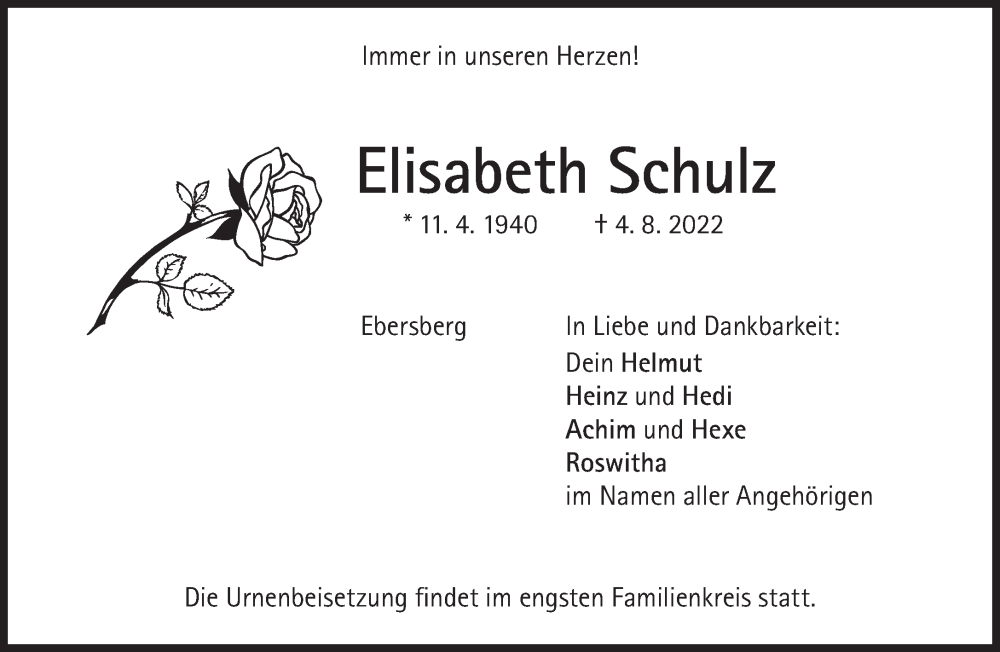  Traueranzeige für Elisabeth Schulz vom 06.08.2022 aus Süddeutsche Zeitung
