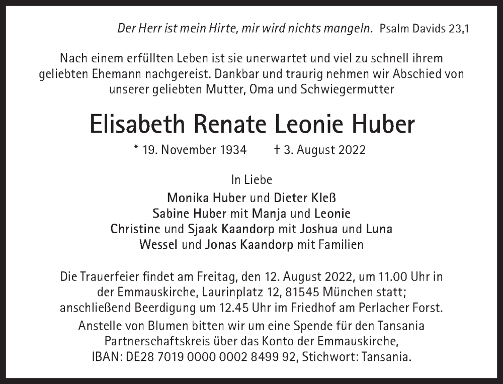 Traueranzeige für Elisabeth Renate Leonie Huber vom 06.08.2022 aus Süddeutsche Zeitung