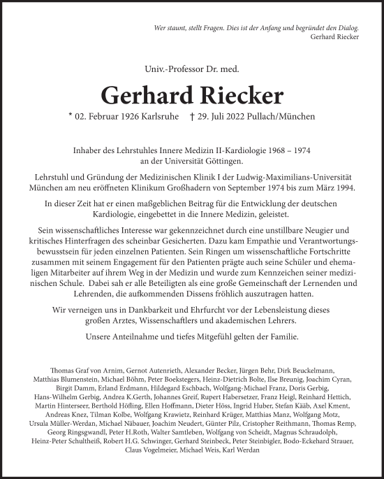 Traueranzeige von Gerhard Riecker von Süddeutsche Zeitung
