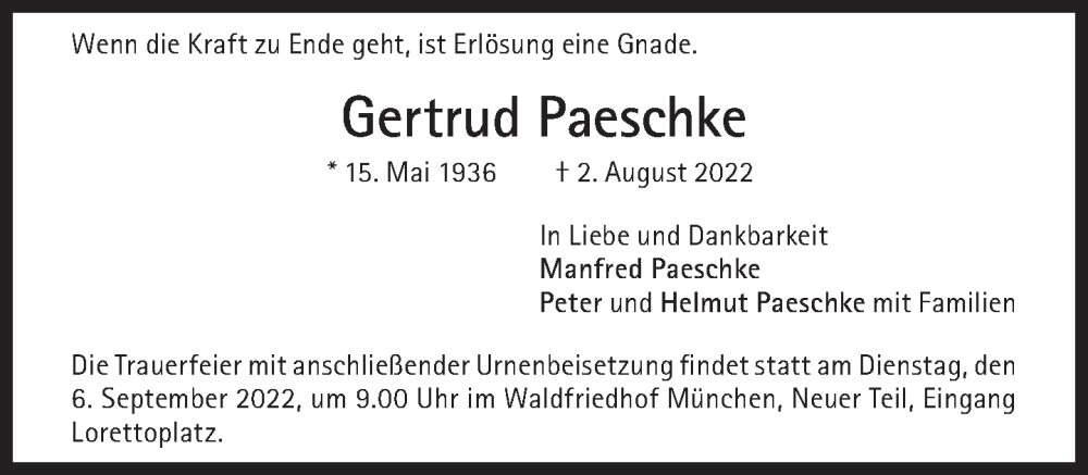  Traueranzeige für Gertrud Paeschke vom 06.08.2022 aus Süddeutsche Zeitung