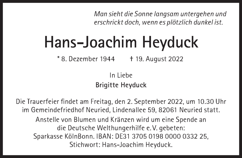  Traueranzeige für Hans-Joachim Heyduck vom 27.08.2022 aus Süddeutsche Zeitung