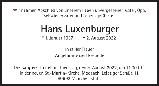 Traueranzeige von Hans Luxenburger von Süddeutsche Zeitung