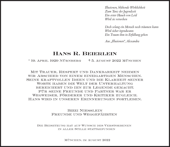 Traueranzeige von Hans R. Beierlein von Süddeutsche Zeitung