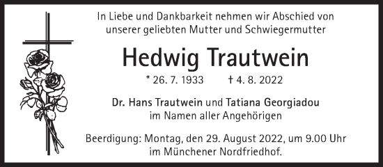 Traueranzeige von Hedwig Trautwein von Süddeutsche Zeitung