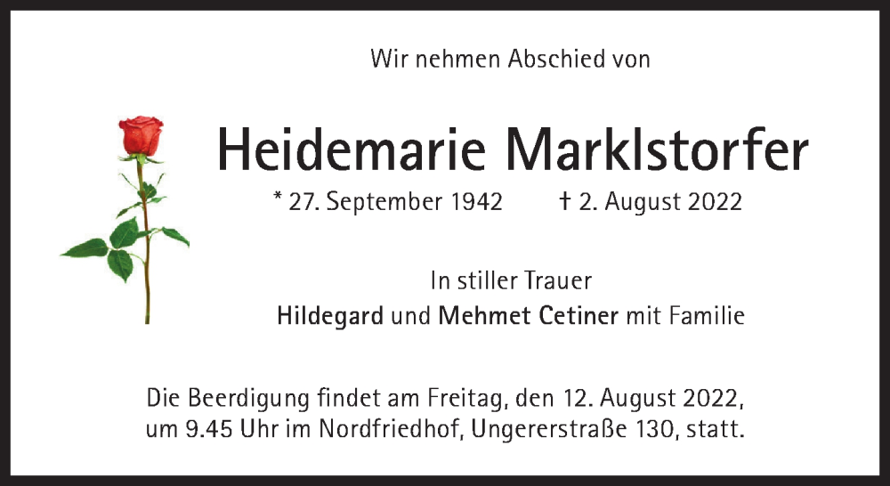  Traueranzeige für Heidemarie Marklstorfer vom 06.08.2022 aus Süddeutsche Zeitung