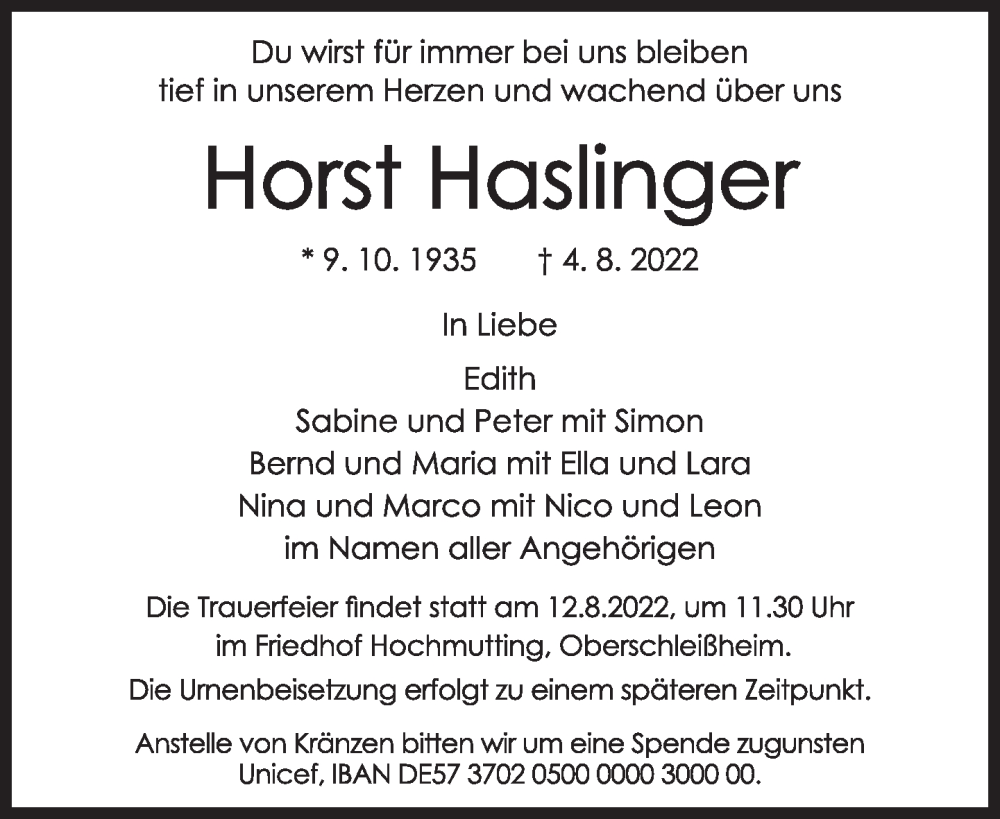 Traueranzeige für Horst Haslinger vom 10.08.2022 aus Süddeutsche Zeitung