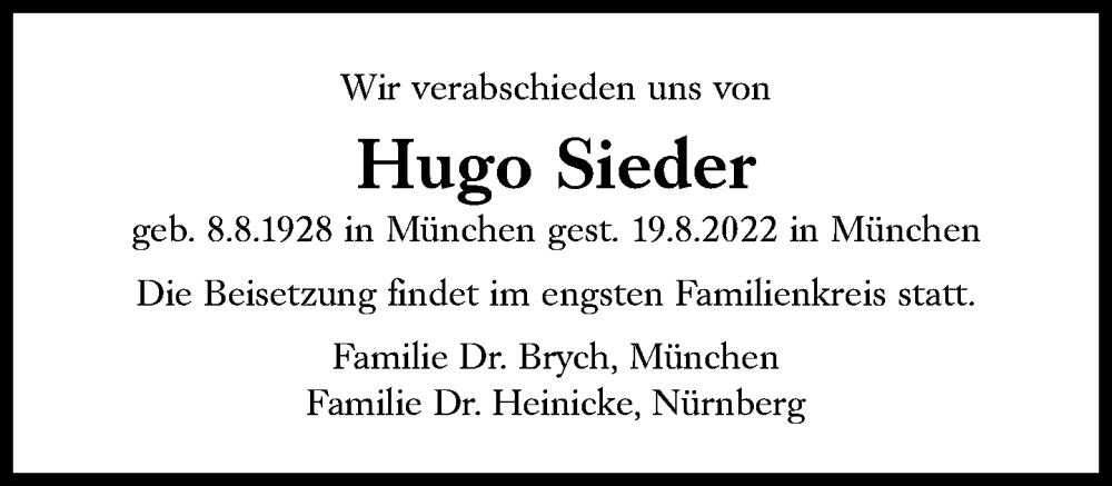  Traueranzeige für Hugo Sieder vom 23.08.2022 aus Süddeutsche Zeitung
