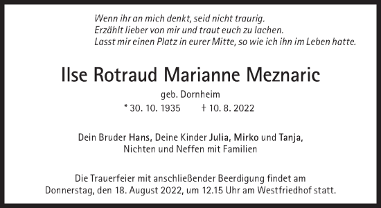 Traueranzeige von Ilse Rotraud Marianne Meznaric von Süddeutsche Zeitung