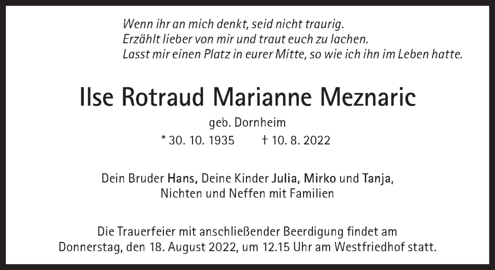  Traueranzeige für Ilse Rotraud Marianne Meznaric vom 13.08.2022 aus Süddeutsche Zeitung