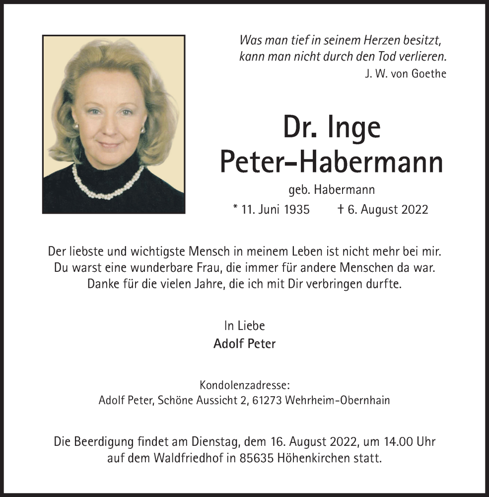  Traueranzeige für Inge Peter-Habermann vom 13.08.2022 aus Süddeutsche Zeitung