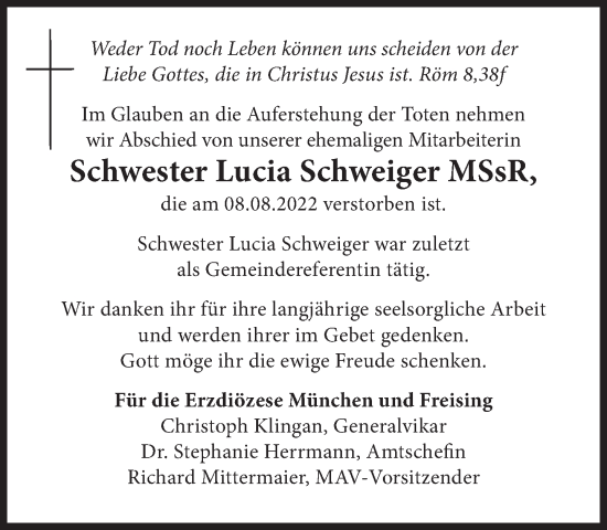 Traueranzeige von Lucia Schweiger von Süddeutsche Zeitung