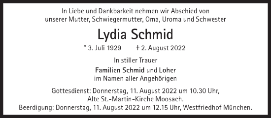 Traueranzeige von Lydia Schmid von Süddeutsche Zeitung