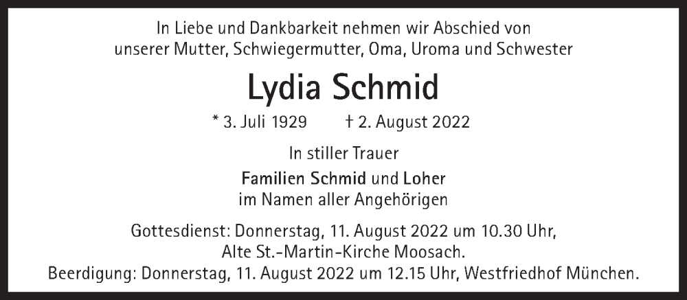  Traueranzeige für Lydia Schmid vom 06.08.2022 aus Süddeutsche Zeitung