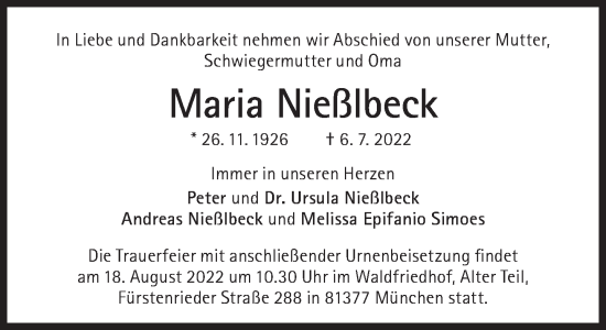 Traueranzeige von Maria Nießlbeck von Süddeutsche Zeitung