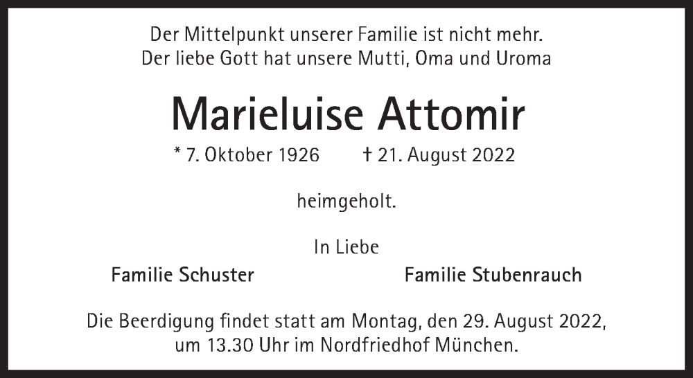  Traueranzeige für Marieluise Attomir vom 27.08.2022 aus Süddeutsche Zeitung