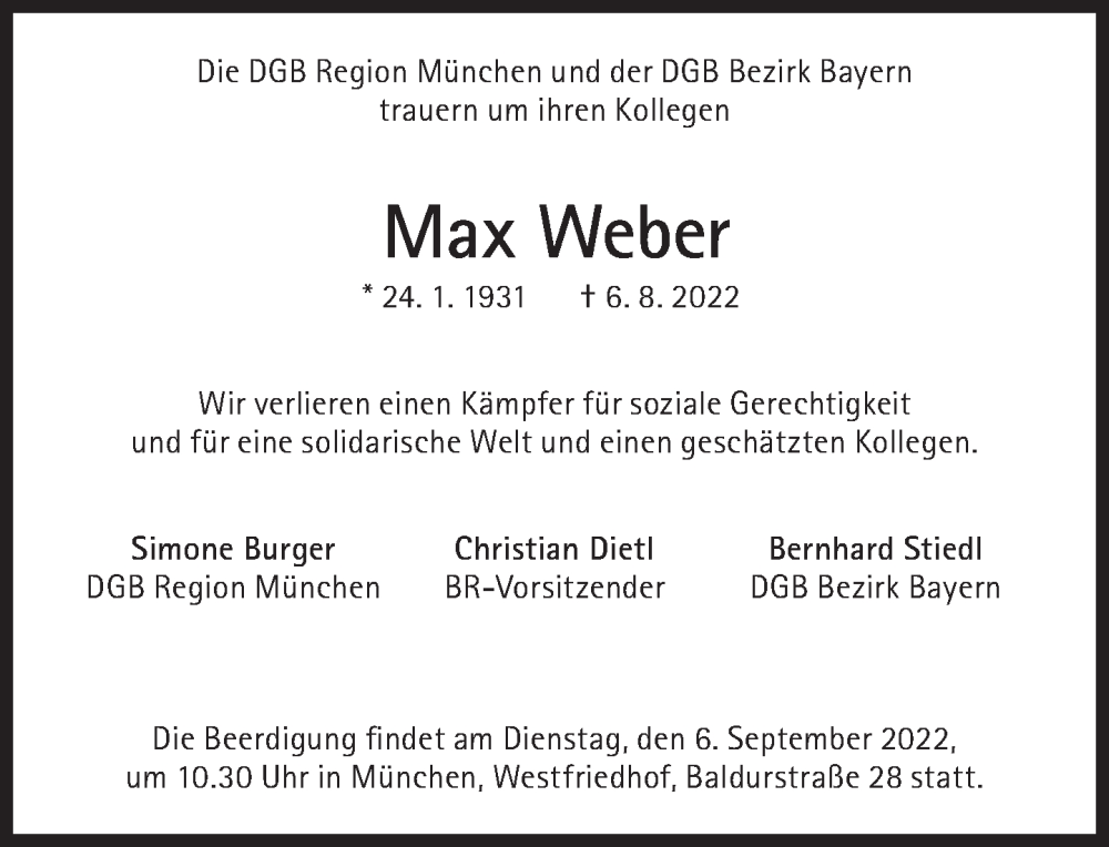  Traueranzeige für Max Weber vom 13.08.2022 aus Süddeutsche Zeitung