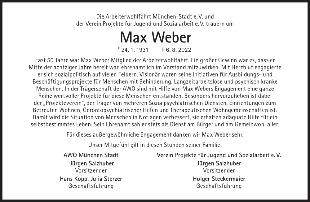  Traueranzeige für Max Weber vom 13.08.2022 aus Süddeutsche Zeitung