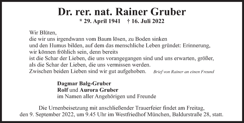  Traueranzeige für Rainer Gruber vom 27.08.2022 aus Süddeutsche Zeitung