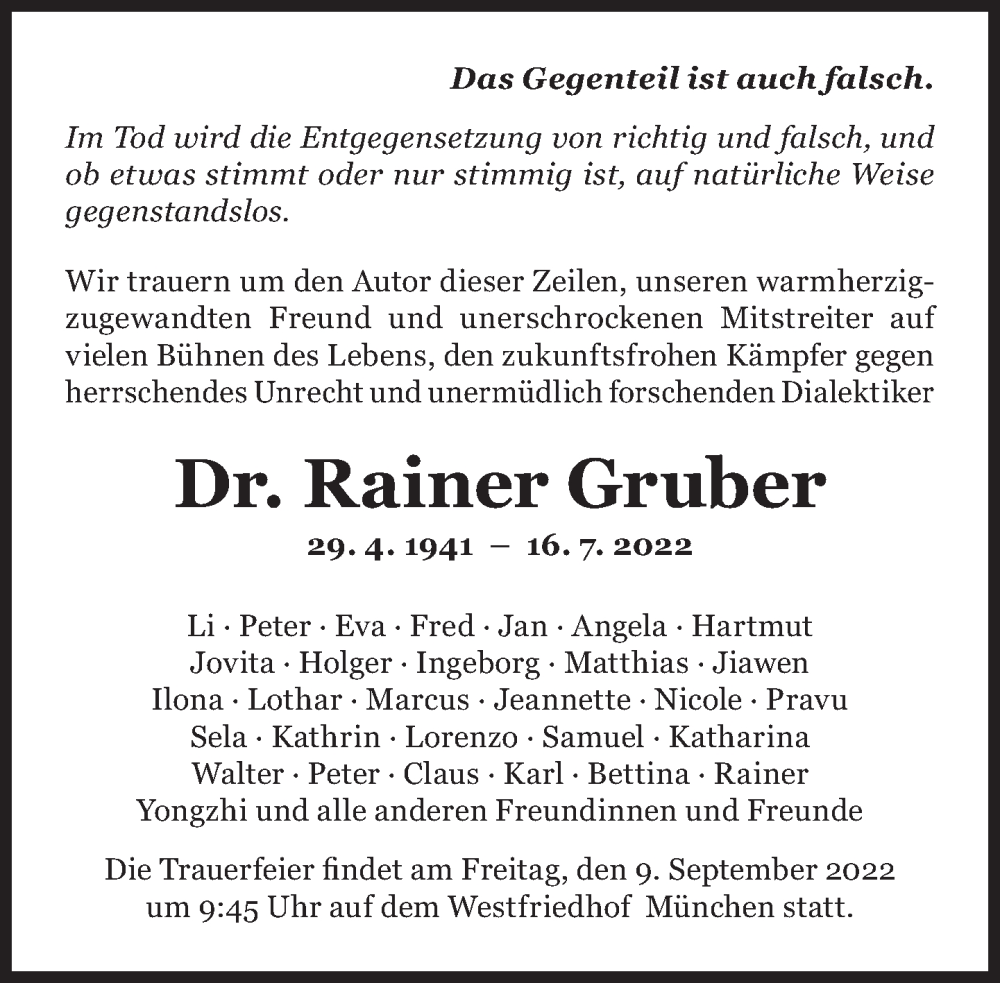  Traueranzeige für Rainer Gruber vom 27.08.2022 aus Süddeutsche Zeitung