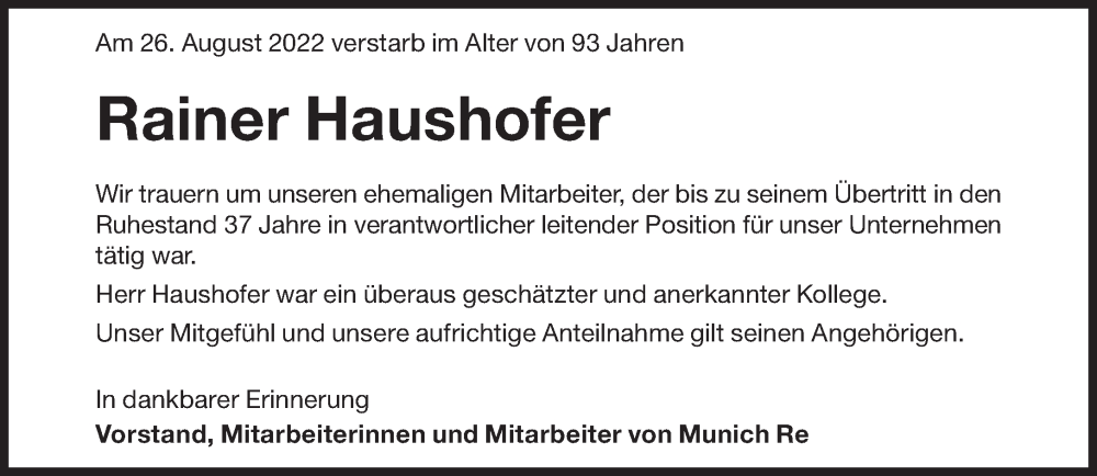  Traueranzeige für Rainer Haushofer vom 31.08.2022 aus Süddeutsche Zeitung