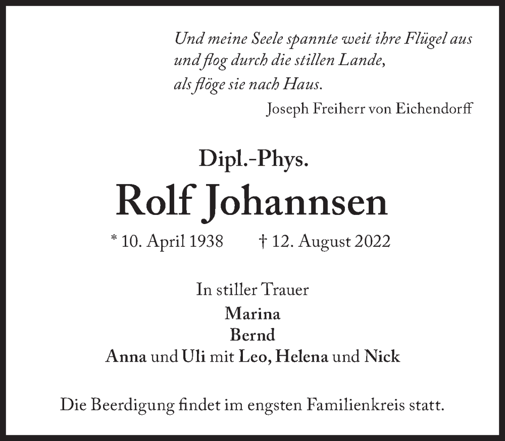  Traueranzeige für Rolf Johannsen vom 16.08.2022 aus Süddeutsche Zeitung