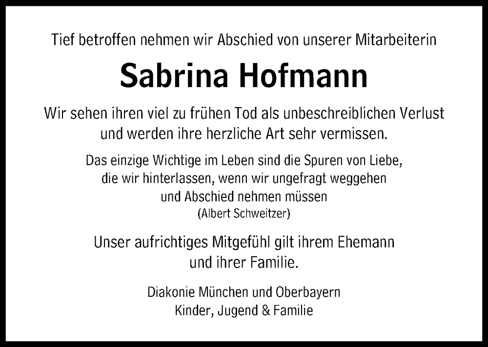  Traueranzeige für Sabrina Hofmann vom 13.08.2022 aus Süddeutsche Zeitung