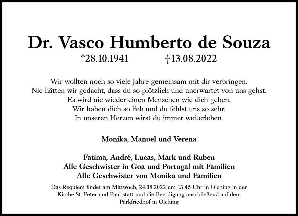  Traueranzeige für Vasco Humberto de Souza vom 20.08.2022 aus Süddeutsche Zeitung