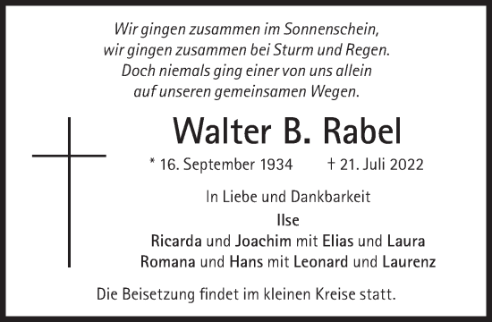 Traueranzeige von Walter B. Rabel von Süddeutsche Zeitung