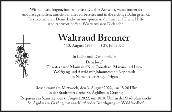Traueranzeige von Waltraud Brenner von Süddeutsche Zeitung