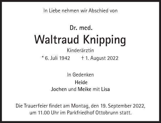 Traueranzeige von Waltraud Knipping von Süddeutsche Zeitung