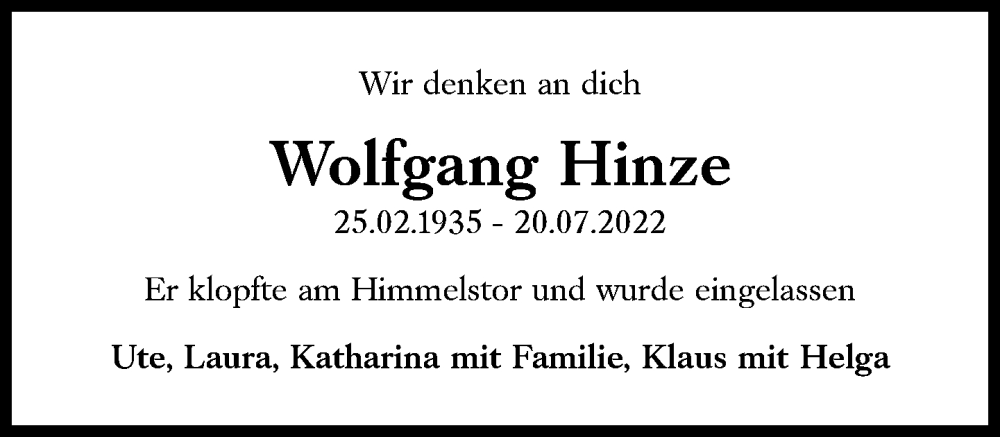  Traueranzeige für Wolfgang Hinze vom 06.08.2022 aus Süddeutsche Zeitung