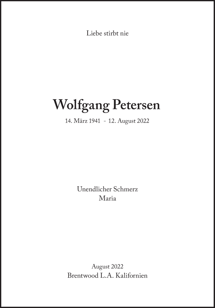  Traueranzeige für Wolfgang Petersen vom 20.08.2022 aus Süddeutsche Zeitung