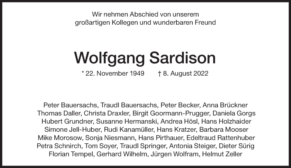  Traueranzeige für Wolfgang Sardison vom 13.08.2022 aus Süddeutsche Zeitung
