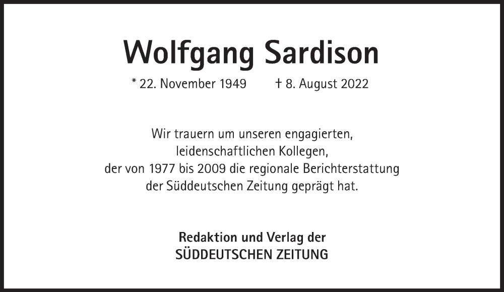  Traueranzeige für Wolfgang Sardison vom 13.08.2022 aus Süddeutsche Zeitung
