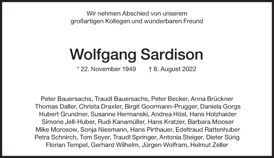 Traueranzeige von Wolfgang Sardison von Süddeutsche Zeitung