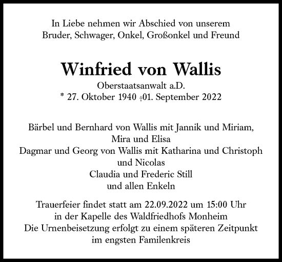 Traueranzeige von Winfried von Wallis von Süddeutsche Zeitung