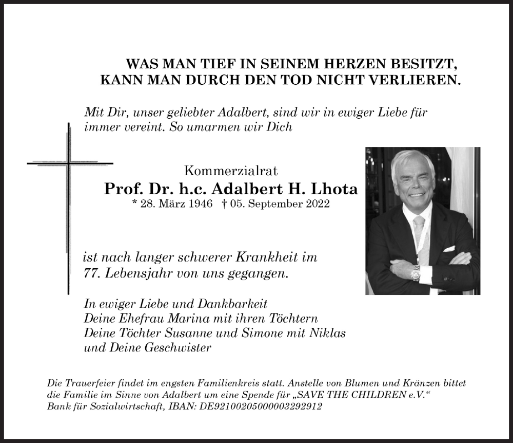  Traueranzeige für Adalbert H. Lhota vom 10.09.2022 aus Süddeutsche Zeitung