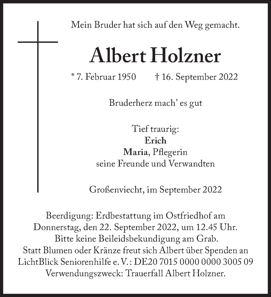  Traueranzeige für Albert Holzner vom 20.09.2022 aus Süddeutsche Zeitung