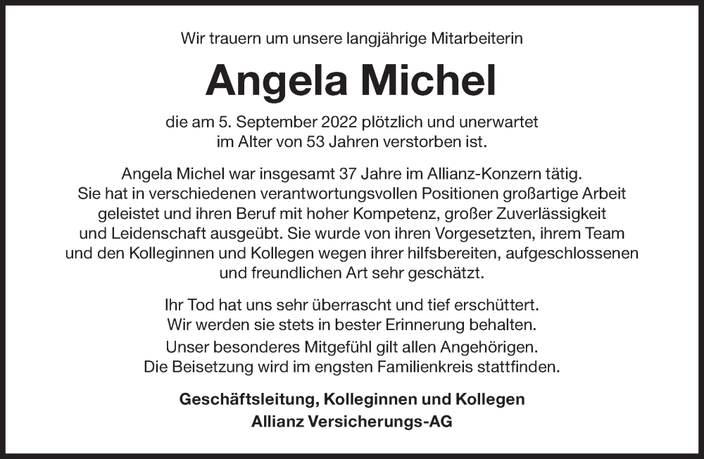  Traueranzeige für Angela Michel vom 24.09.2022 aus Süddeutsche Zeitung