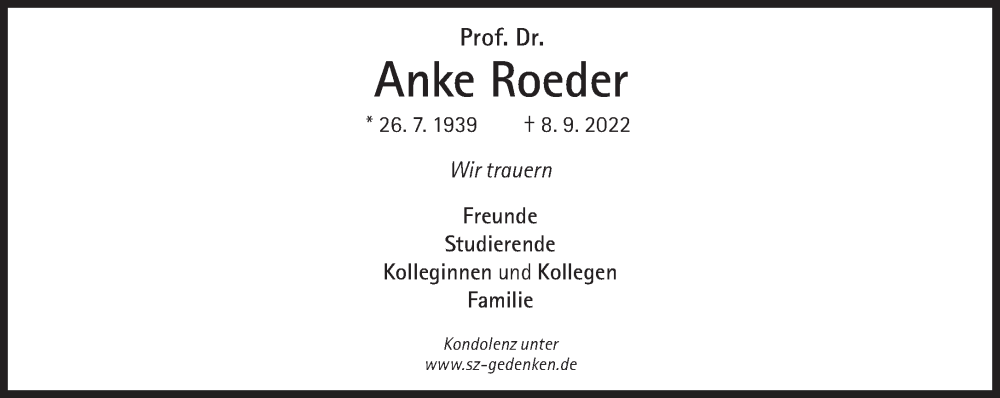  Traueranzeige für Anke Roeder vom 17.09.2022 aus Süddeutsche Zeitung