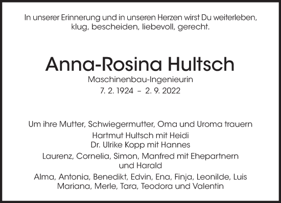 Traueranzeige von Anna-Rosina Hultsch von Süddeutsche Zeitung