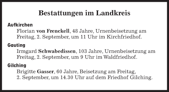 Traueranzeige von Bestattungen vom 02.09.2022 von Süddeutsche Zeitung