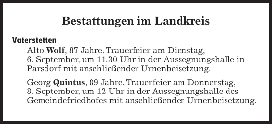 Traueranzeige von Bestattungen vom 03.09.2022 von Süddeutsche Zeitung