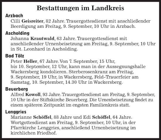 Traueranzeige von Bestattungen vom 09.09.2022 von Süddeutsche Zeitung