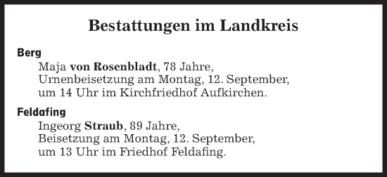 Traueranzeige von Bestattungen vom 10.09.2022 von Süddeutsche Zeitung