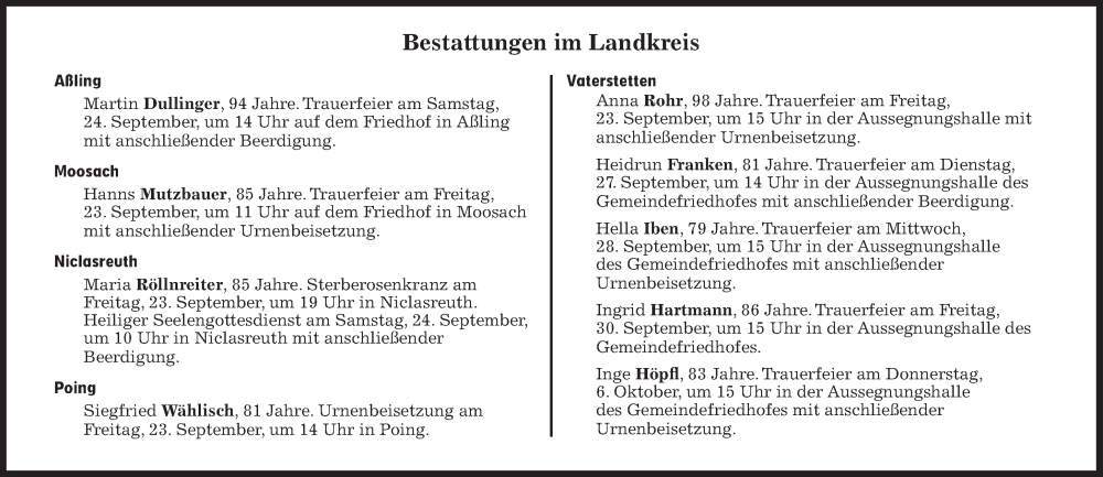  Traueranzeige für Bestattungen vom 23.09.2022 vom 23.09.2022 aus Süddeutsche Zeitung