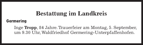 Traueranzeige von Bestattungskalender vom 03.09.2022  von Süddeutsche Zeitung
