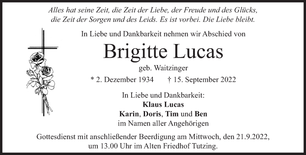  Traueranzeige für Brigitte Lucas vom 19.09.2022 aus Süddeutsche Zeitung