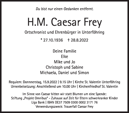 Traueranzeige von Caesar Frey von Süddeutsche Zeitung