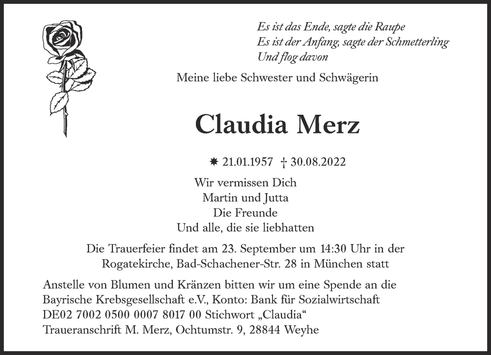  Traueranzeige für Claudia Merz vom 17.09.2022 aus Süddeutsche Zeitung